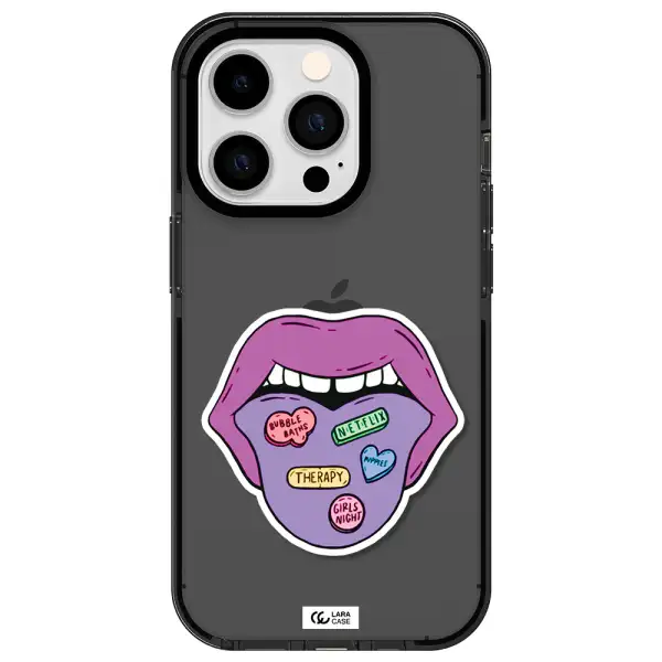 a purple lips with different colored hearts on it Apple iPhone 14 pro impact Smoke Black Case