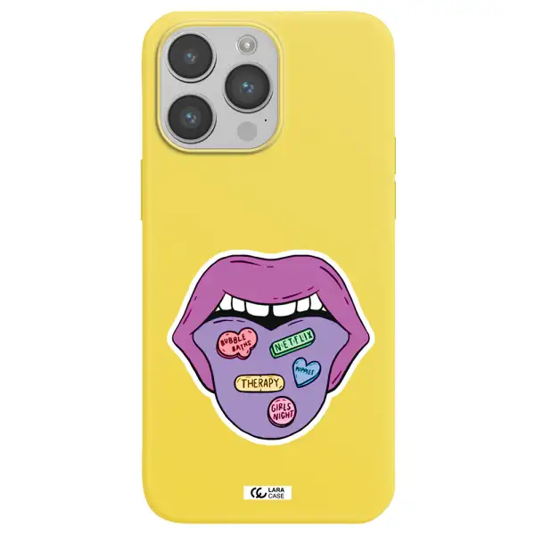a purple lips with different colored hearts on it Apple iPhone 14 pro max Silicone canary yellow Case