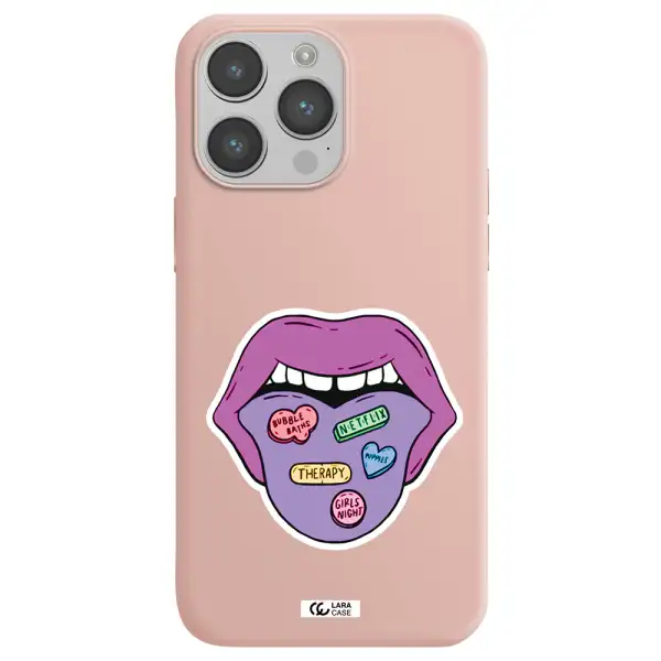 a purple lips with different colored hearts on it Apple iPhone 14 pro max Silicone pastel pink Case