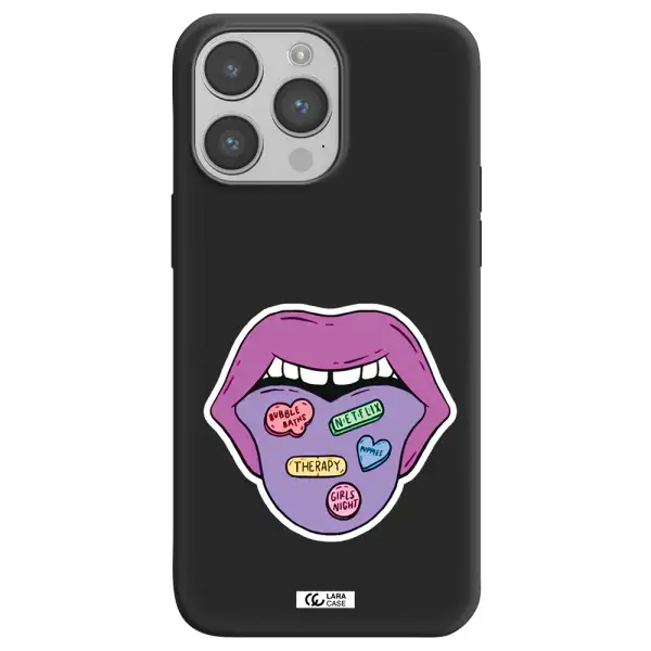 a purple lips with different colored hearts on it Apple iPhone 14 pro Silicone black Case