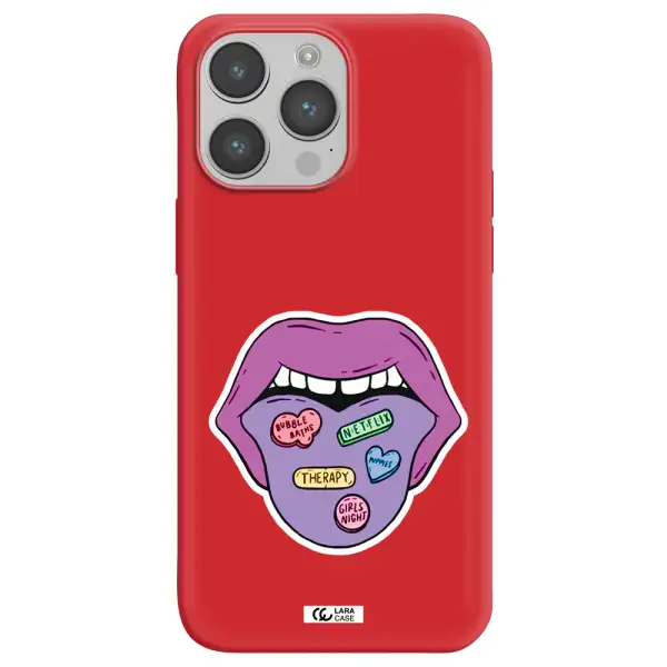a purple lips with different colored hearts on it Apple iPhone 14 pro Silicone Imperial Red Case