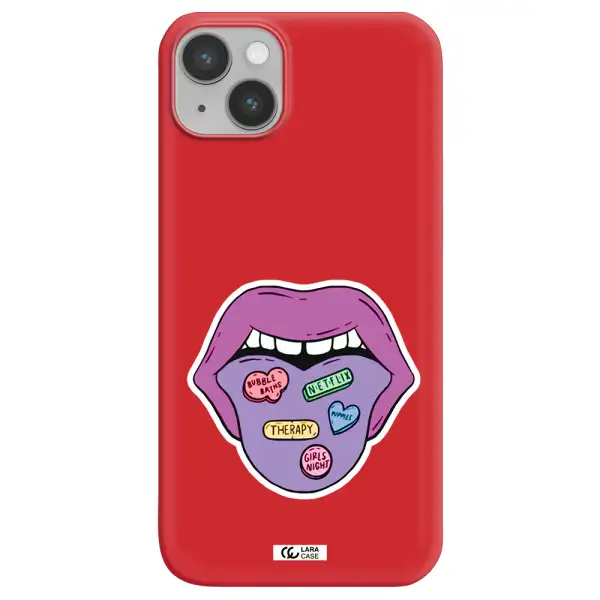 a purple lips with different colored hearts on it Apple iPhone 14 Silicone Imperial Red Case
