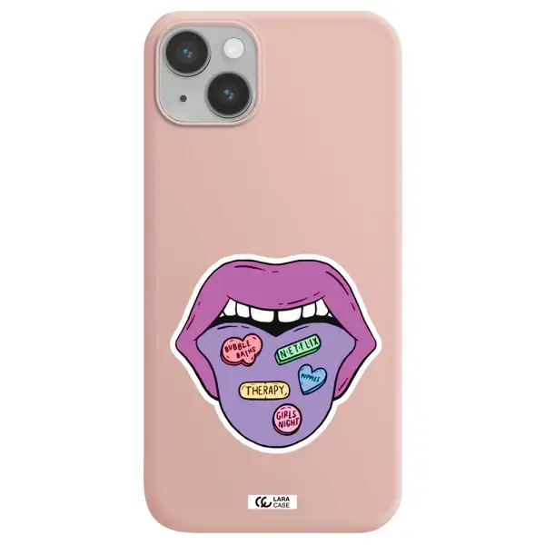 a purple lips with different colored hearts on it Apple iPhone 14 Silicone pastel pink Case
