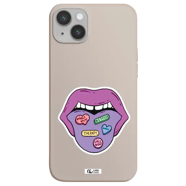 a purple lips with different colored hearts on it Apple iPhone 14 Silicone Stone Case