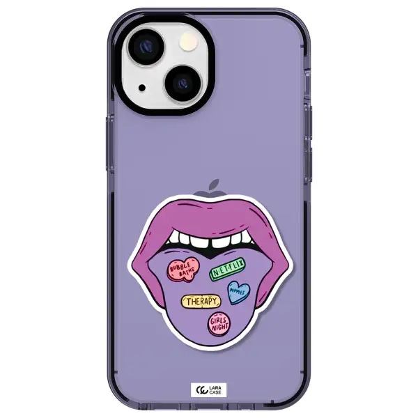 a purple lips with different colored hearts on it Apple iPhone 15 impact Lilac Case