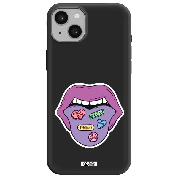 a purple lips with different colored hearts on it Apple iphone 15 plus Silicone black Case