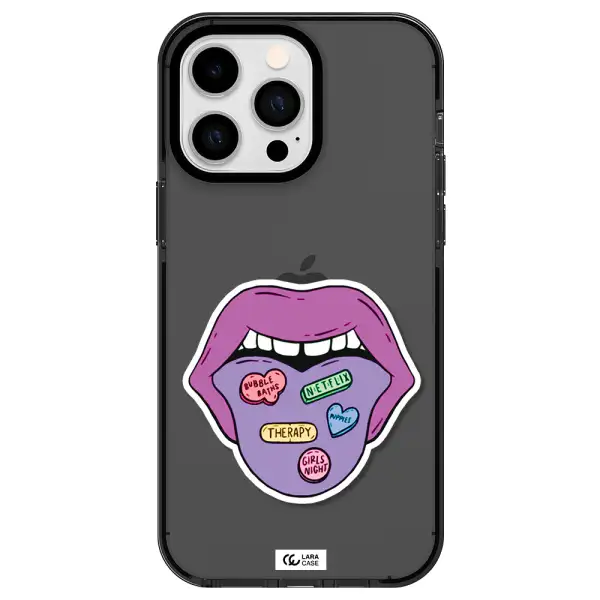 a purple lips with different colored hearts on it Apple iPhone 15 Pro Max impact Smoke Black Case