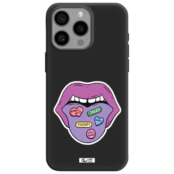 a purple lips with different colored hearts on it Apple Iphone 15 Pro max Silicone black Case