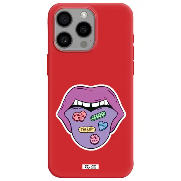 A Purple Lips With Different Colored Hearts On It Apple Iphone 15 Pro Max Silicone Imperial Red Case