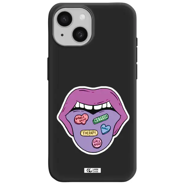 a purple lips with different colored hearts on it Apple iPhone 15 Silicone black Case