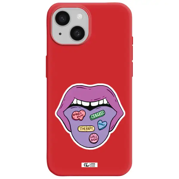 A Purple Lips With Different Colored Hearts On It Apple Iphone 15 Silicone Imperial Red Case