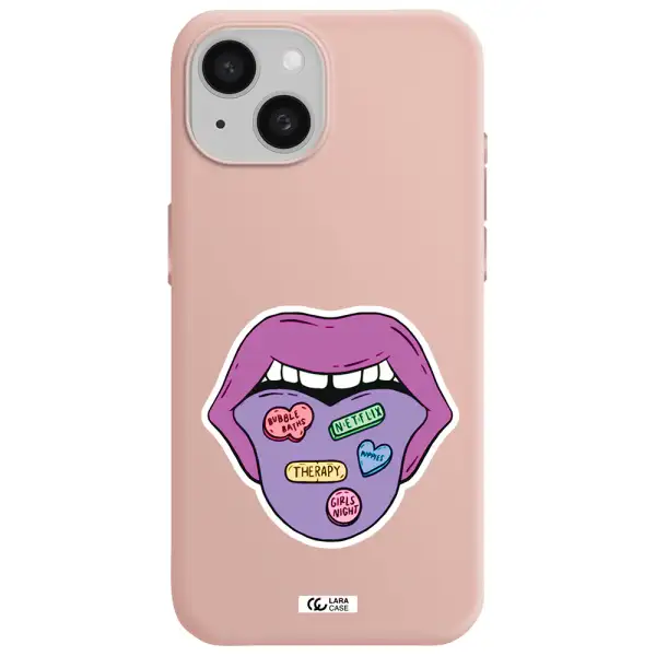 A Purple Lips With Different Colored Hearts On It Apple Iphone 15 Silicone Pastel Pink Case
