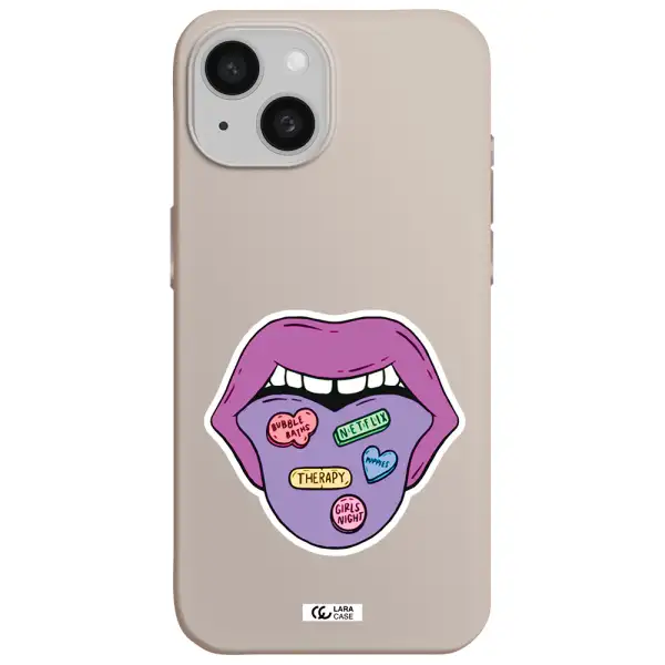 a purple lips with different colored hearts on it Apple iPhone 15 Silicone Stone Case