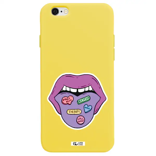 a purple lips with different colored hearts on it Apple iPhone 6 Silicone canary yellow Case