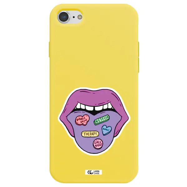 a purple lips with different colored hearts on it Apple iPhone 7 Silicone canary yellow Case