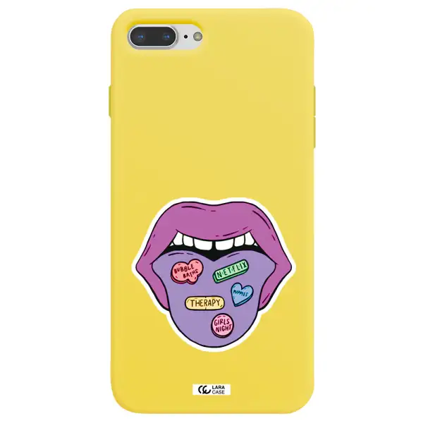 a purple lips with different colored hearts on it Apple iPhone 8 plus Silicone canary yellow Case