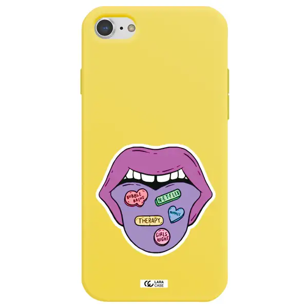 a purple lips with different colored hearts on it Apple iPhone 8 Silicone canary yellow Case