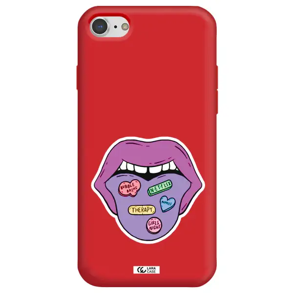 a purple lips with different colored hearts on it Apple iPhone 8 Silicone Imperial Red Case