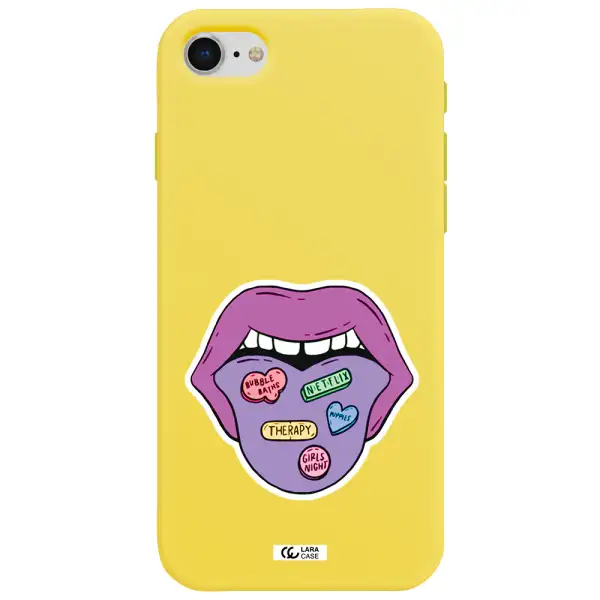 a purple lips with different colored hearts on it Apple iPhone se 2020 Silicone canary yellow Case