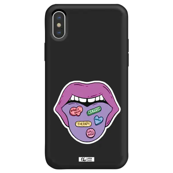 a purple lips with different colored hearts on it Apple iPhone X Silicone black Case