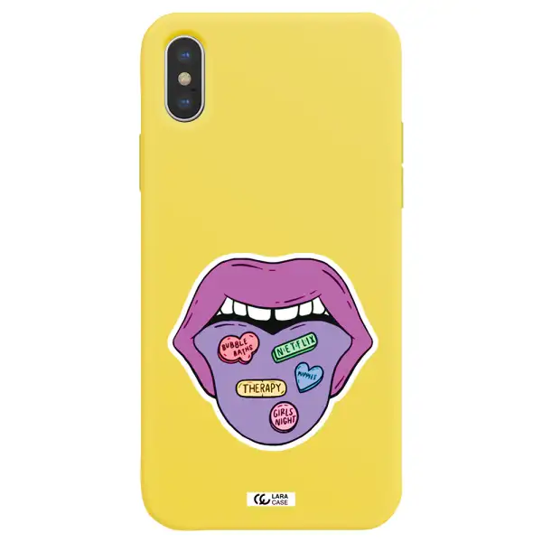 a purple lips with different colored hearts on it Apple iPhone X Silicone canary yellow Case