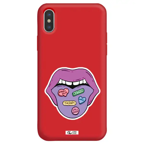 a purple lips with different colored hearts on it Apple iPhone X Silicone Imperial Red Case