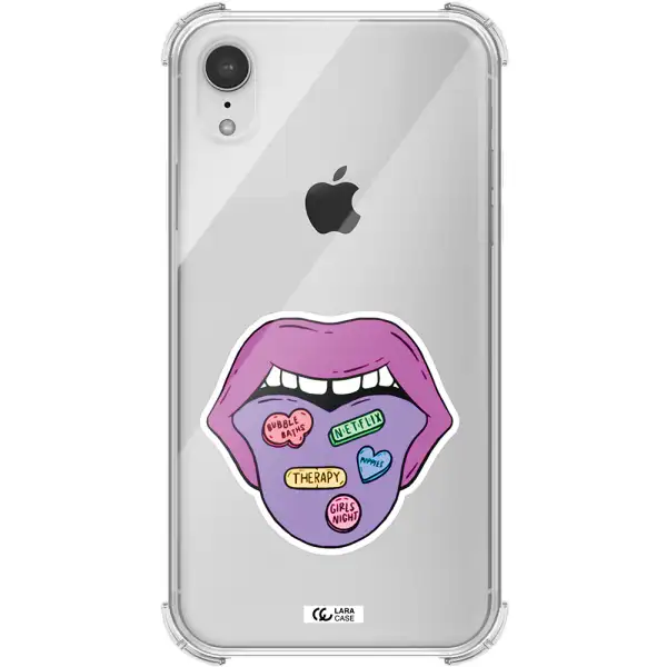 a purple lips with different colored hearts on it Apple iPhone XR Clear PC Case