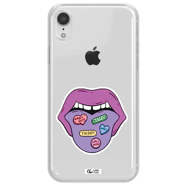 a purple lips with different colored hearts on it Apple iPhone XR Clear TPU Case