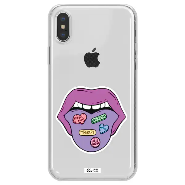 a purple lips with different colored hearts on it Apple iPhone XS Clear TPU Case