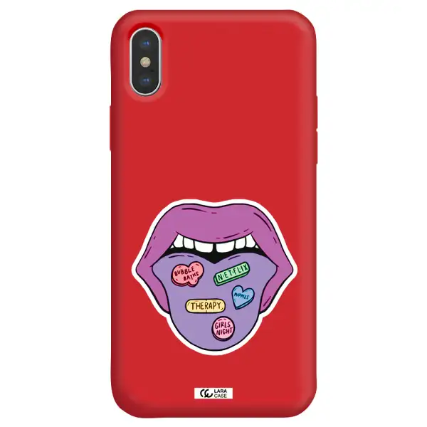 a purple lips with different colored hearts on it Apple iPhone XS Silicone Imperial Red Case