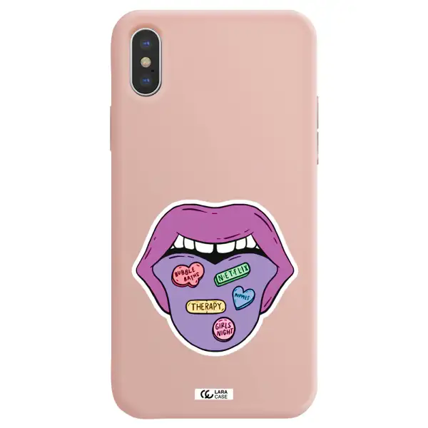 a purple lips with different colored hearts on it Apple iPhone XS Silicone pastel pink Case