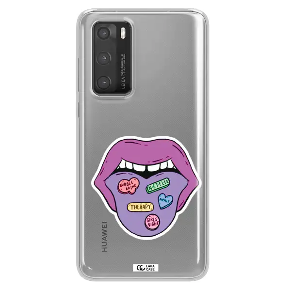 a purple lips with different colored hearts on it Huawei P40 Clear TPU Case