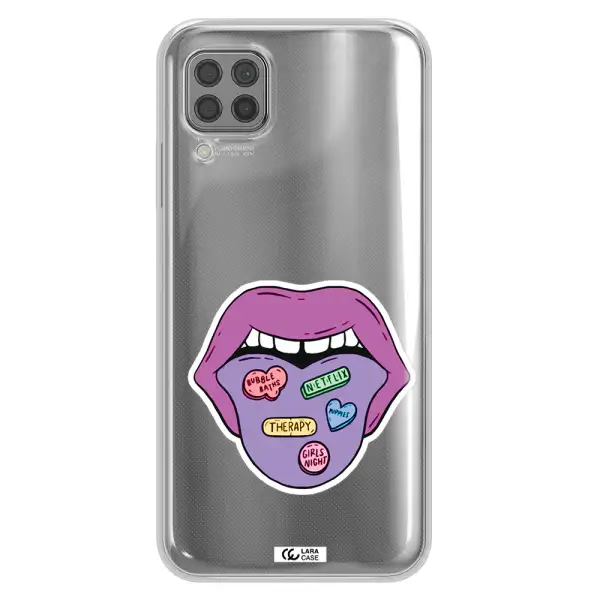 a purple lips with different colored hearts on it Huawei P40 Lite Clear TPU Case