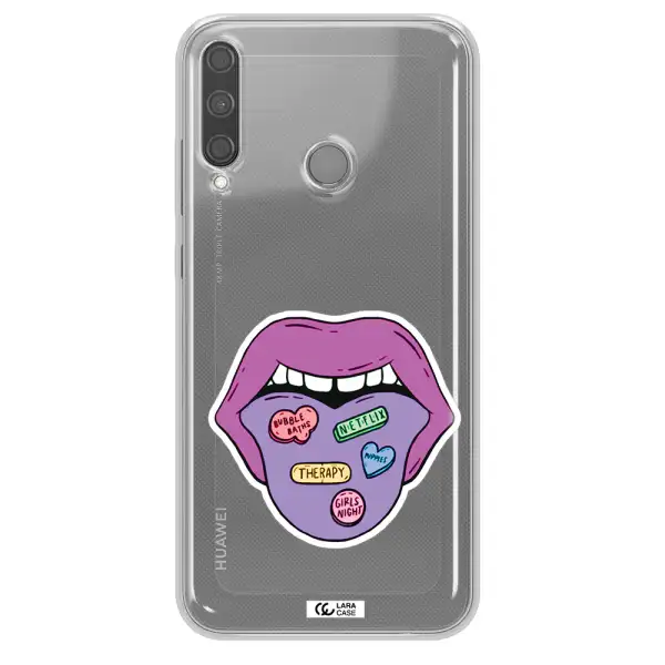 a purple lips with different colored hearts on it Huawei P40 Lite E Clear TPU Case