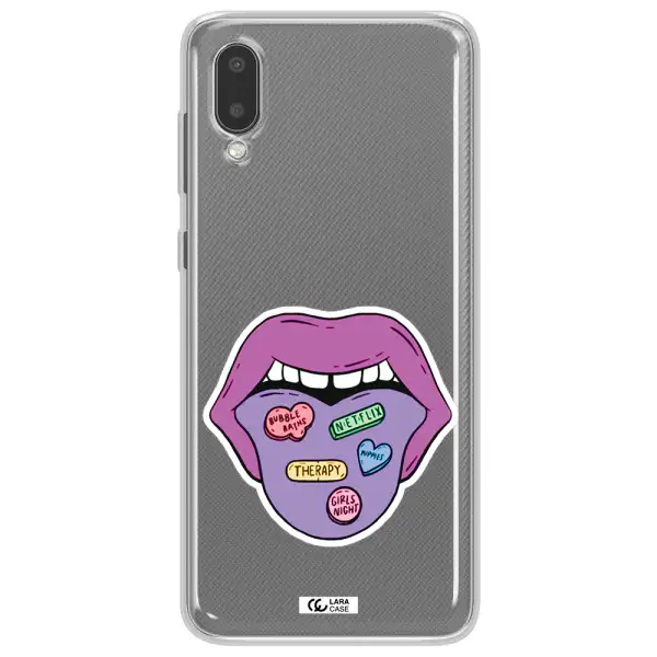 a purple lips with different colored hearts on it Samsung A02 Clear TPU Case