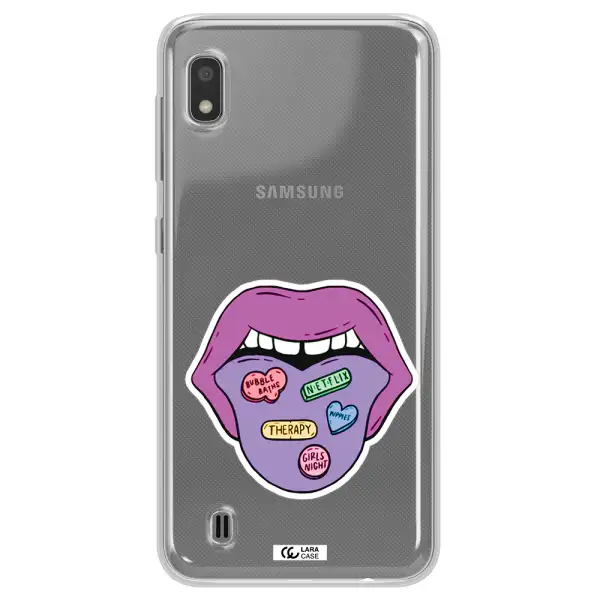a purple lips with different colored hearts on it Samsung A10 Clear TPU Case