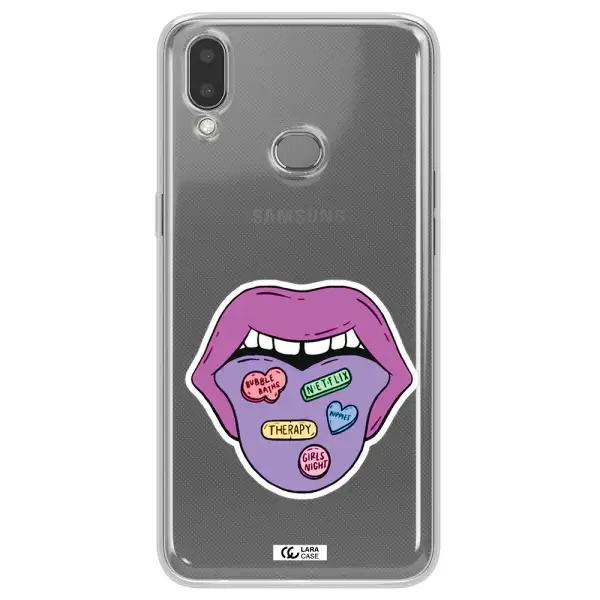 a purple lips with different colored hearts on it Samsung A10S Clear TPU Case