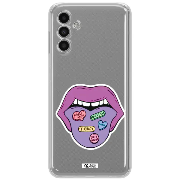 A Purple Lips With Different Colored Hearts On It Samsung A13 5G Clear Tpu Case