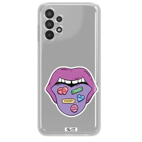 a purple lips with different colored hearts on it Samsung A13 Clear TPU Case