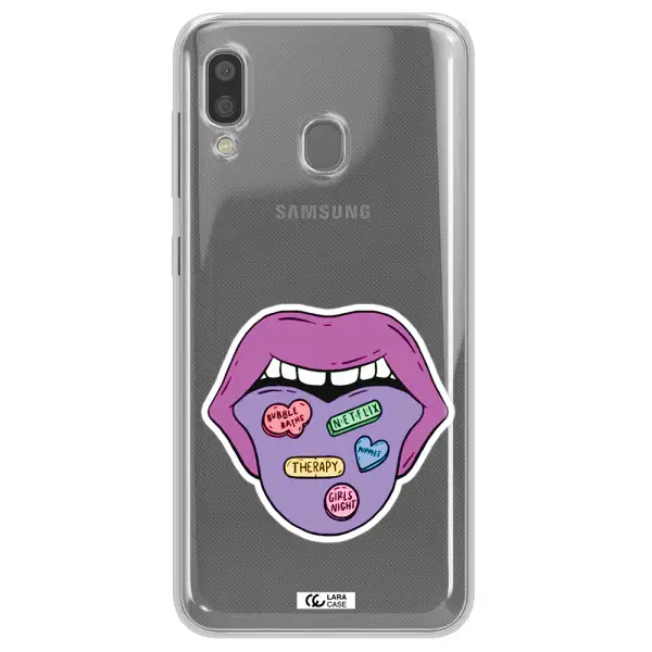 a purple lips with different colored hearts on it Samsung A20 Clear TPU Case