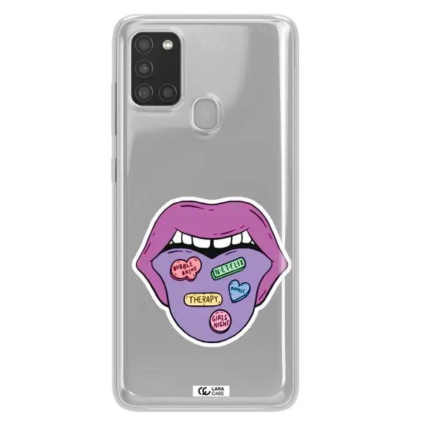 a purple lips with different colored hearts on it Samsung A21S Clear TPU Case