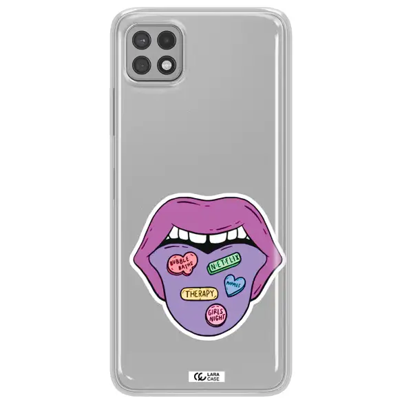 a purple lips with different colored hearts on it Samsung A22 5g Clear TPU Case