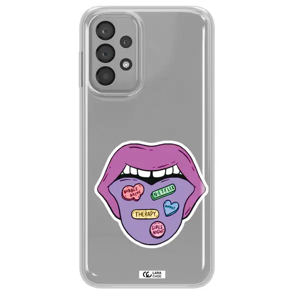 a purple lips with different colored hearts on it Samsung A23 Clear TPU Case