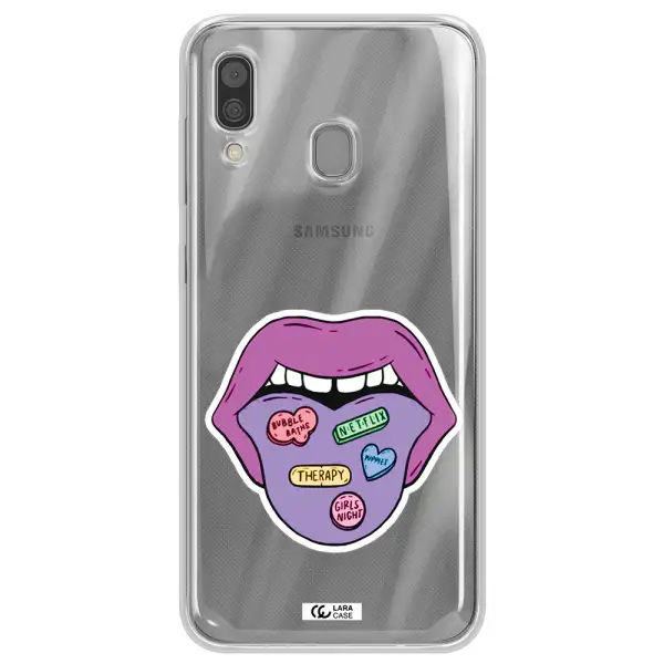 a purple lips with different colored hearts on it Samsung A30 Clear TPU Case