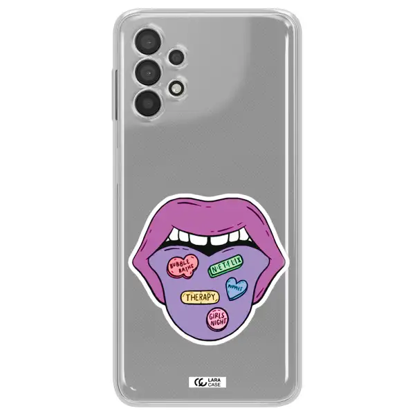 a purple lips with different colored hearts on it Samsung A32 Clear TPU Case