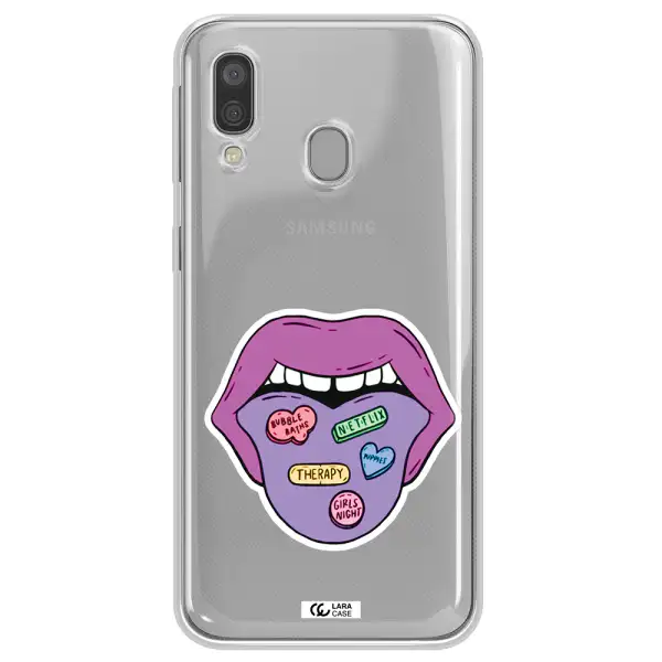 a purple lips with different colored hearts on it Samsung A40 Clear TPU Case