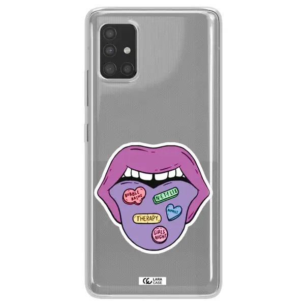 a purple lips with different colored hearts on it Samsung A51 Clear TPU Case