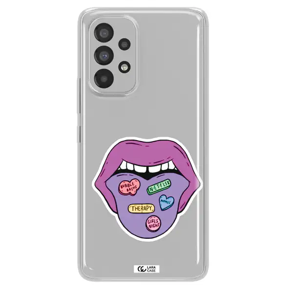 a purple lips with different colored hearts on it Samsung A53 Clear TPU Case