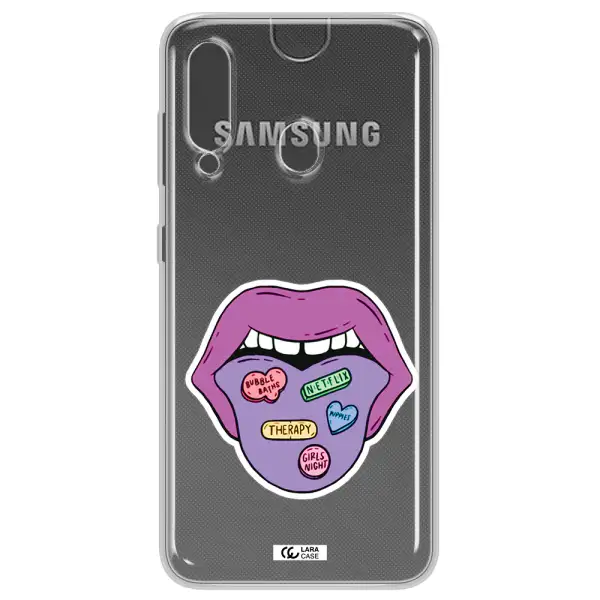 a purple lips with different colored hearts on it Samsung A60 Clear TPU Case