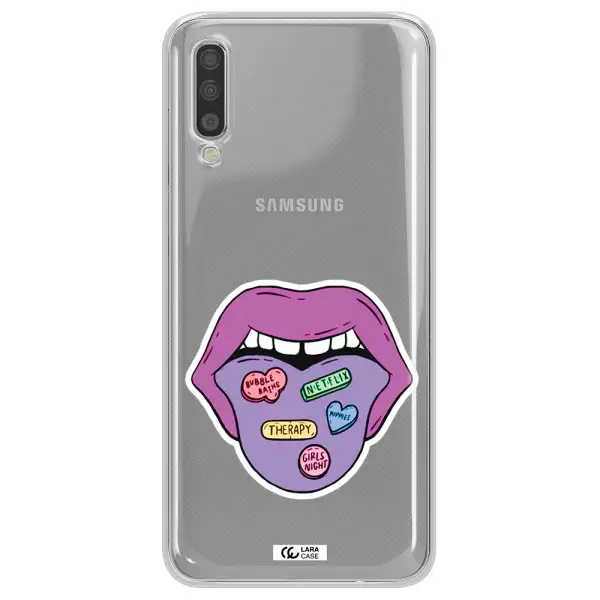 a purple lips with different colored hearts on it Samsung A70 Clear TPU Case
